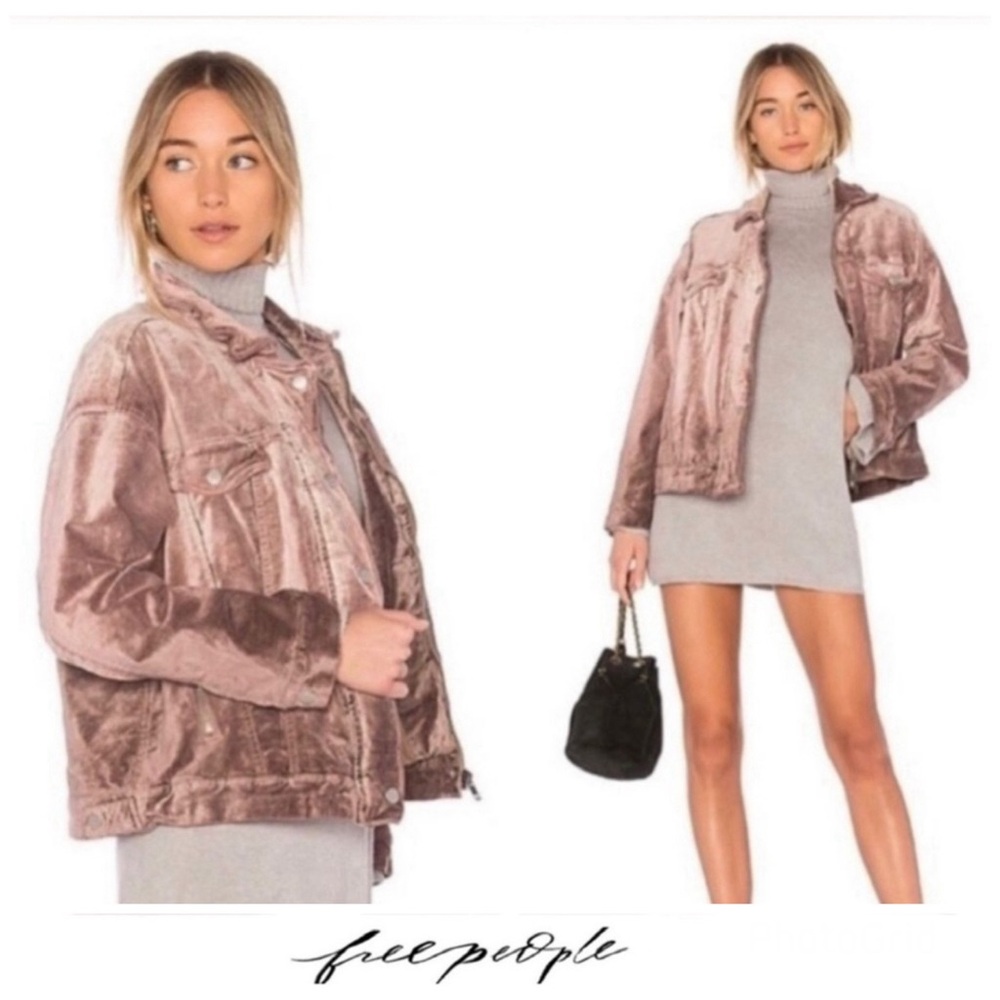 FREE PEOPLE Mauve Velvet Front Zipper Snap Long Sleeves Trucker Jacket Sz M/L